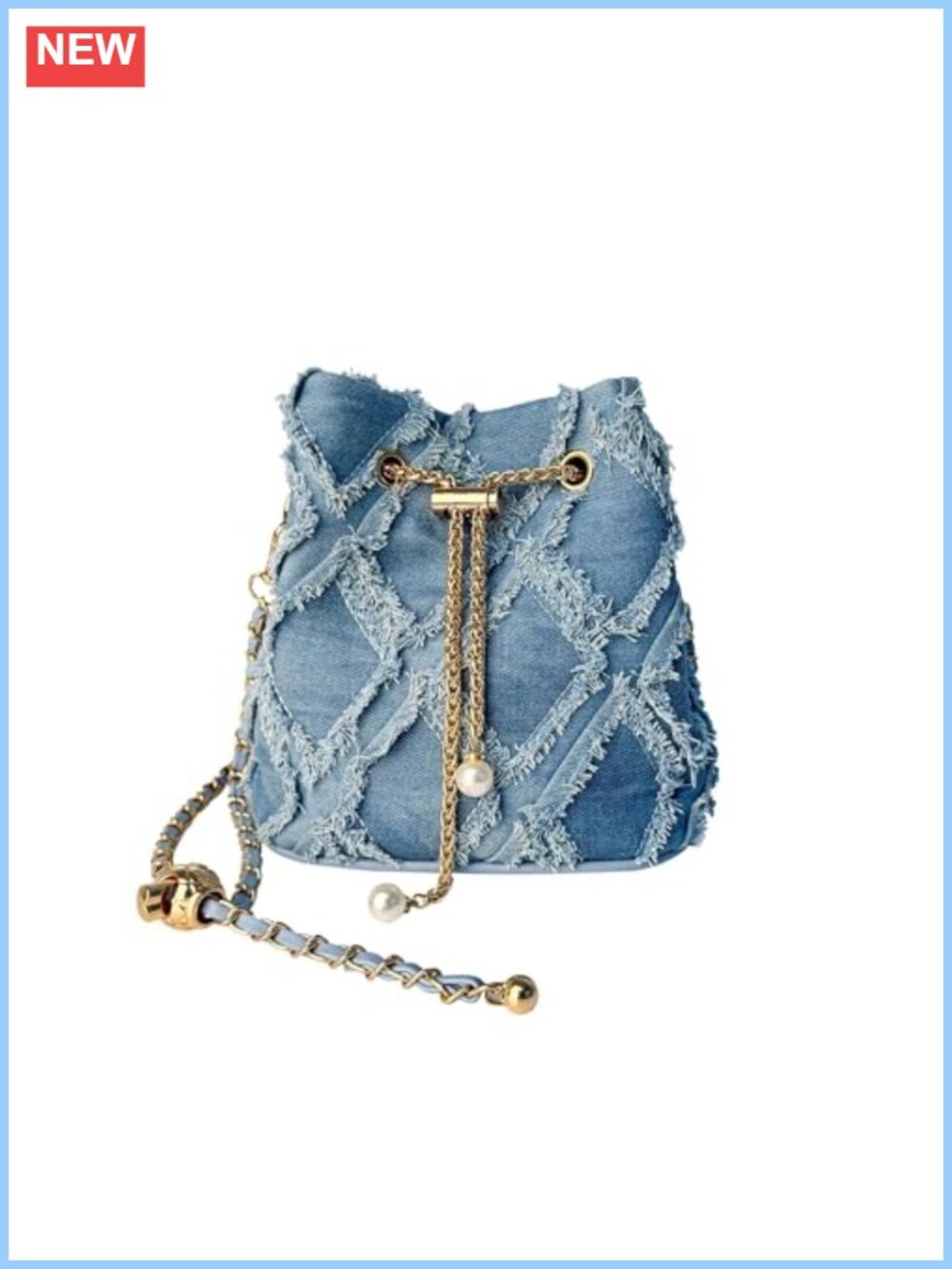 Y2K Denim Bucket Bag Women Frayed Patchwork Drawstring Crossbody Purse with